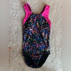 GK Vibrant Multicolor Print Gymnastics Leotard with Hot Pink Trim- Women’s XS